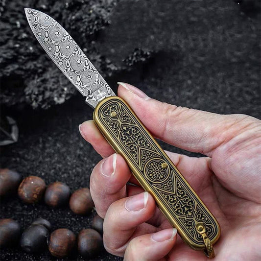 Han Dao Totem Pocket Knife Damascus Steel Rose Pattern Folding Mini Portable Knife