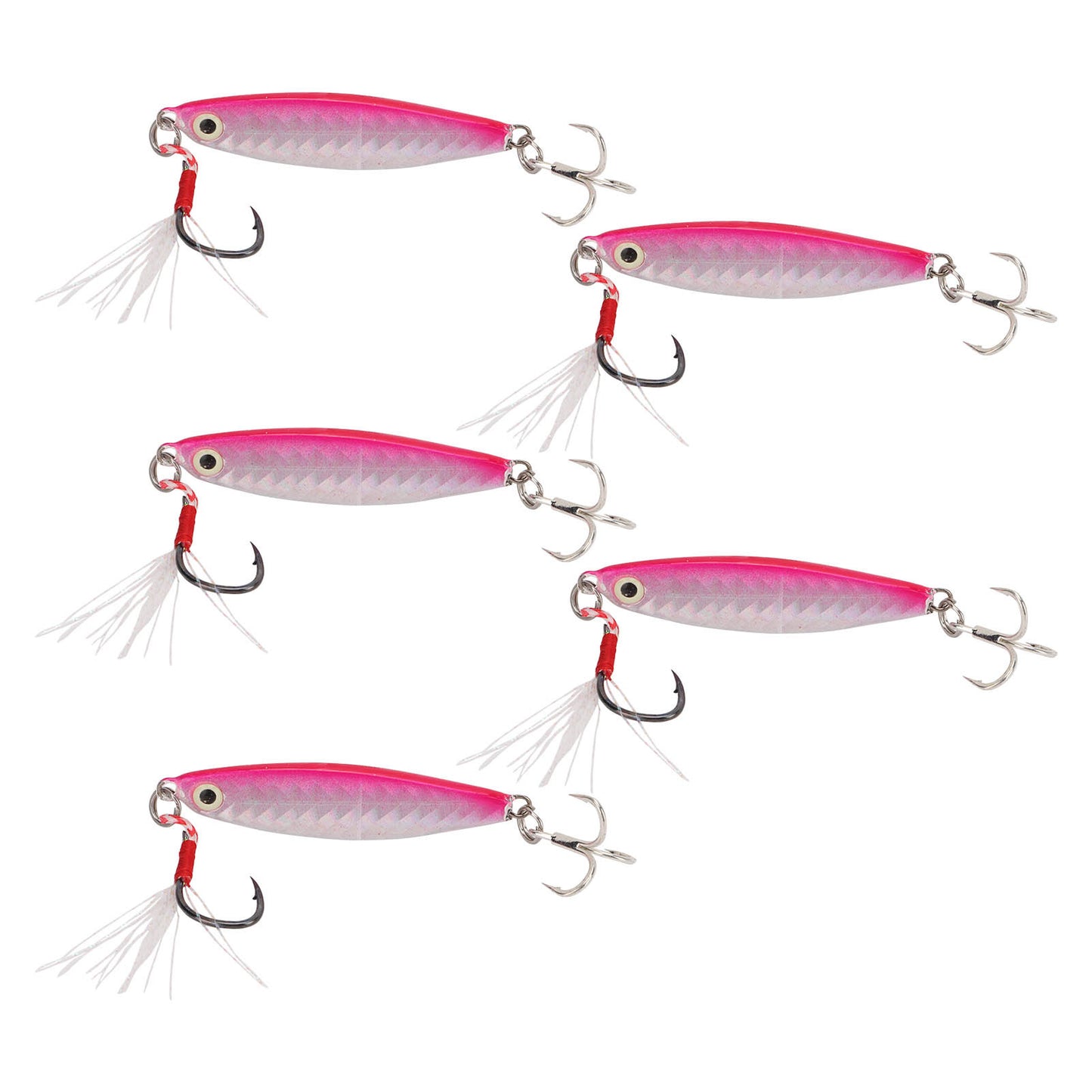 Set of 5 Pink 15g Metal Vib Fishing Lures with Laser Sequin Feather Hooks – Perfect for Jigging & Hard Bait Anglers!