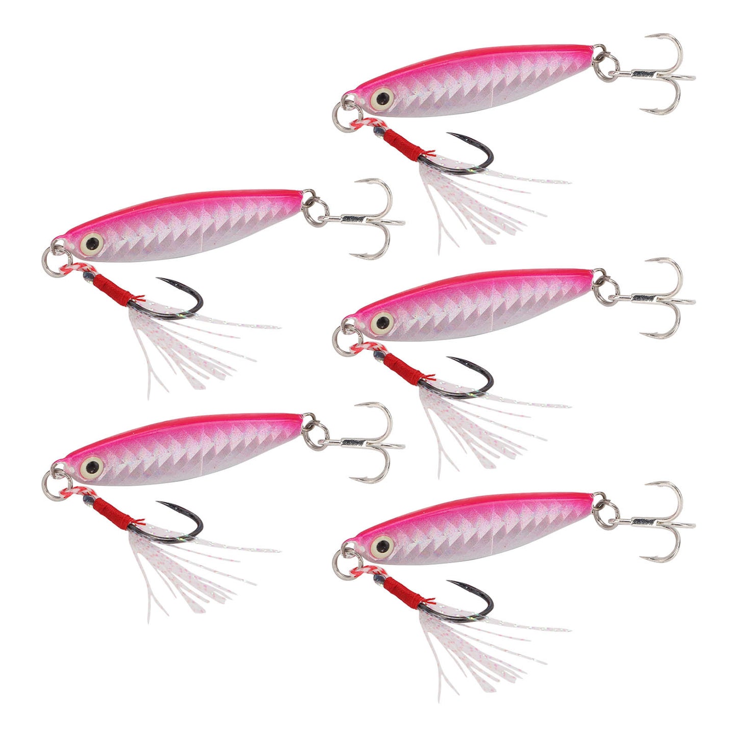 Set of 5 Pink 15g Metal Vib Fishing Lures with Laser Sequin Feather Hooks – Perfect for Jigging & Hard Bait Anglers!